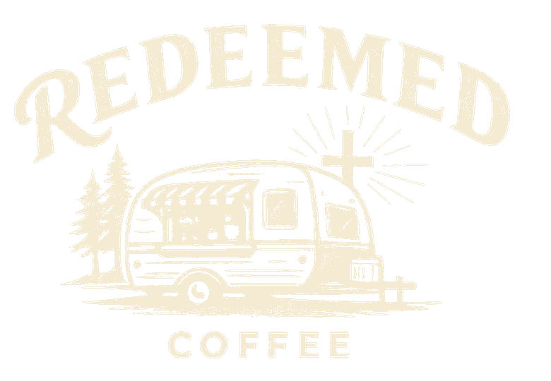 Redeemed Coffee — a hand-drawn camper trailer with a striped awning beneath a cross